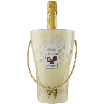 ПРАЗНИЧНА ШАМПАНИЕРА С ШОКОЛАДОВИ БОНБОНИ УИТОРС АСОРТИ 150 ГР И БУТИЛКА ДЕСЕРТНО ПЕНЛИВО БЯЛО ВИНО 750 МЛ  / ЗЛАТНА/ 