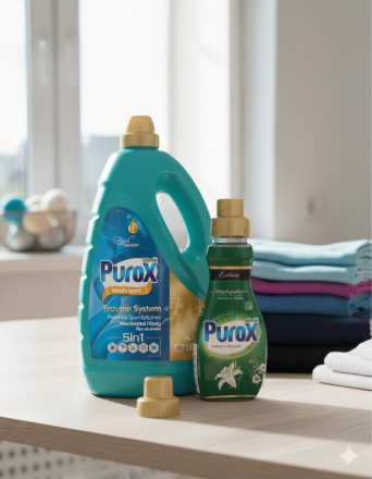 ПУРОКС  ТЕЧЕН ГЕЛ  ЗА ВЪЛНЕНИ И СПОРТНИ ДРЕХИ 4000 МЛ 133 ПР  + ПОДАРЪК ПАРФЮМ ЗА ДРЕХИ ПУРОКС 400 МЛ  /ТЮРКОАЗ/ 