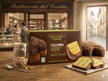 КОЛОМБА СФОРНАСОЛЕ ИТАЛИАНСКИ КОЗУНАК С КРЕМ ОТ ШАМ ФЪСТЪК И ПОЛЯТА С ТЕЧЕН ШОКОЛАД 750 ГР