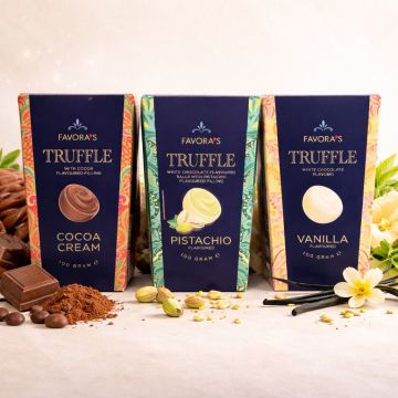 1 + 1 ФАВОРА ШОКОЛАДОВИ БОНБОНИ ТРЮФЕЛИ С БЯЛ ШОКОЛАД И ВАНИЛОВ КРЕМ 100 ГР /БЕЖАВИ/