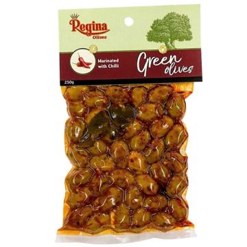 РЕДЖИНА МАСЛИНИ ЗЕЛЕНИ МАРИНОВАНИ С ЧИЛИ 250 ГР /ПЛИК/