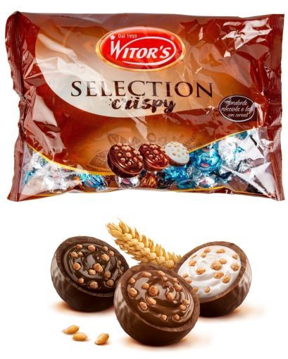 ШОКОЛАДОВИ БОНБОНИ УИТОРС КРИСПИ С ТРИ ВИДА ТЕЧЕН ШОКОЛАД 700ГР