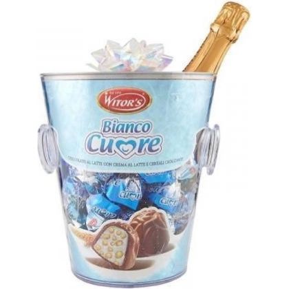 ПРАЗНИЧНА ШАМПАНИЕРА ПАНДЕЛА  С ШОКОЛАДОВИ БОНБОНИ УИТОРС БЯЛ ПЪЛНЕЖ  170 ГР И БУТИЛКА ДЕСЕРТНО ПЕНЛИВО БЯЛО ВИНО 750 МЛ / СИНЯ/  