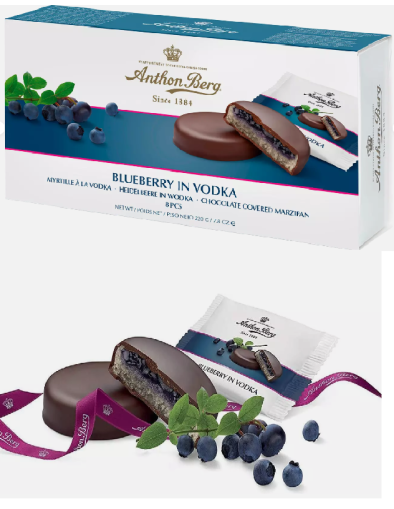 АНТОН БЕРГ МАРЦИПАНОВИ ШОКОЛАДОВИ СЛАДКИ БОРОВИНКА ВЪВ ВОДКА 220 ГР