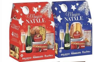 ИТАЛИАНСКИ НОВОГОДИШЕН БОКС БАЛОКО С ПАНДОРО ШАМПАНСКО И ЛАКОМСТВА /СИНЯ КУТИЯ/