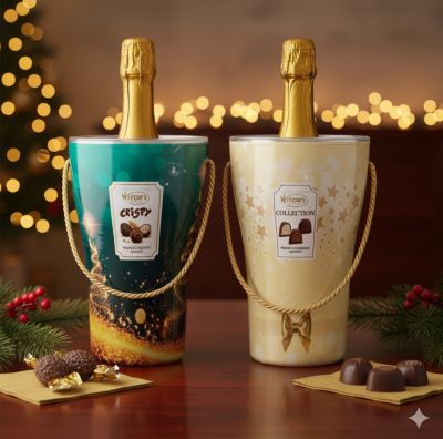 ПРАЗНИЧНА ШАМПАНИЕРА С ШОКОЛАДОВИ БОНБОНИ УИТОРС АСОРТИ 150 ГР И БУТИЛКА ДЕСЕРТНО ПЕНЛИВО БЯЛО ВИНО 750 МЛ  / ЗЛАТНА/ 