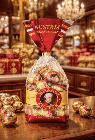 МОЦАРТ БОНБОНИ С ЧЕРЕН ШОКОЛАД И ПЪЛНЕЖ ОТ НУГА КРЕМ 264 ГР /ПЛИК/