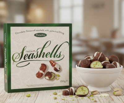 СЕАШЕЛС ШОКОЛАДОВИ БОНБОНИ МОРСКО ДЪНО С ПЪЛНЕЖ ШАМ ФЪСТЪК 250 ГР