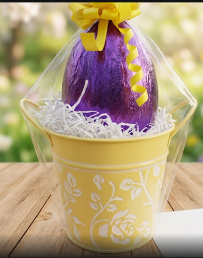 МЕТАЛНА КОШНИЧКА С ШОКОЛАДОВО ЯЙЦЕ И ИЗНЕНАДА 150 ГР / ЖЪЛТА / 