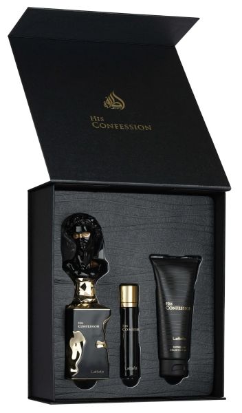 ЛУКСОЗНИЯТ ПОДАРЪЧЕН КОМПЛЕКТ HIS CONFESSION LATTAFA ВКЛЮЧВА ПАРФЮМ С УНИКАЛЕН БЮСТ-ФЛАКОН, МИНИ ФЛАКОН И ДУШ ГЕЛ.