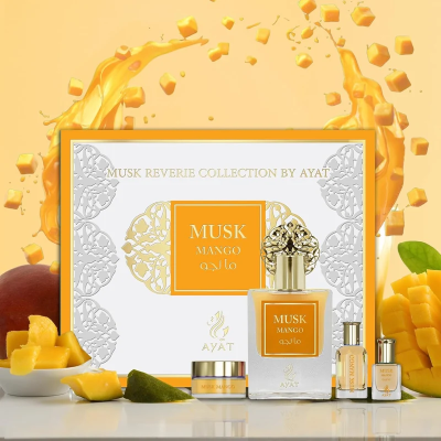 АРАБСКИ УНИСЕКС СЕТ AYAT PERFUMES MUSK MANGO ПАРФЮМ 50 МЛ ЛОСИОН ЗА ТЯЛО 20 МЛ И ПАРФЮМНО ОЛИО 5 МЛ
